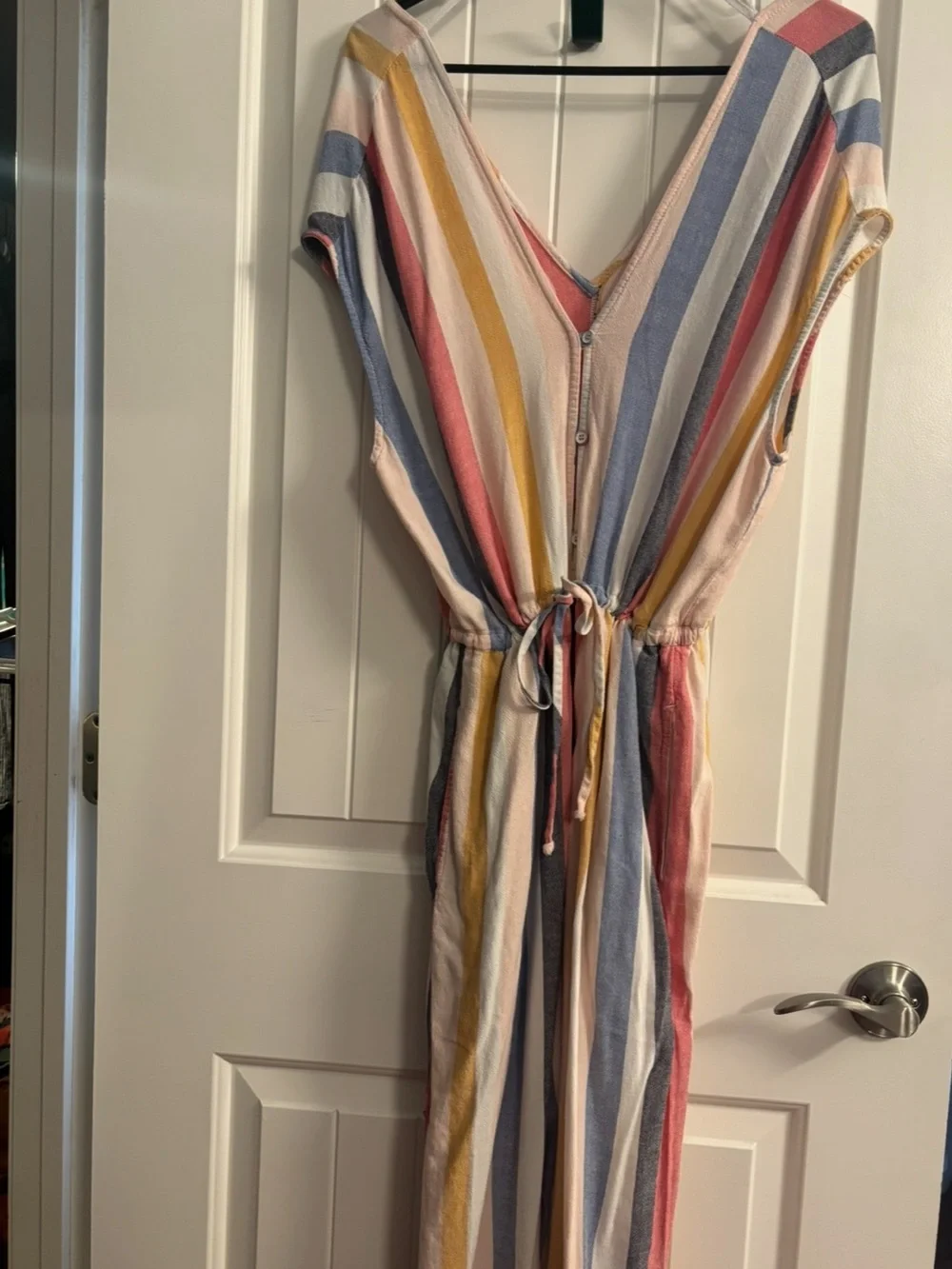 Cloth & Stone Striped Linen Blend Wide Leg Jumpsuit Cropped Boho Coastal | Small